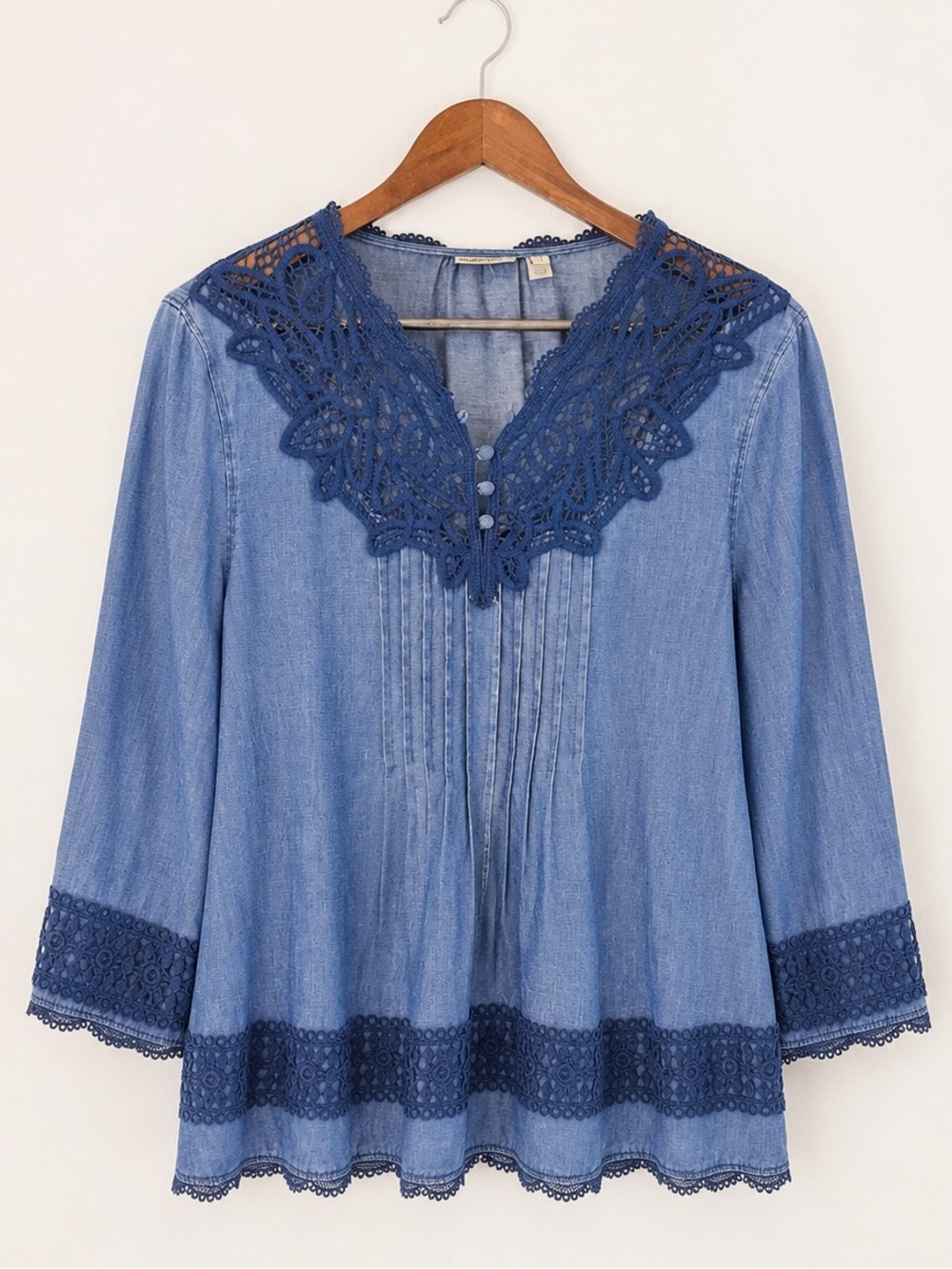 Anthropologie Holding Horses Prairie Chambray Lace Lyocell Blouse 12 Blue F63